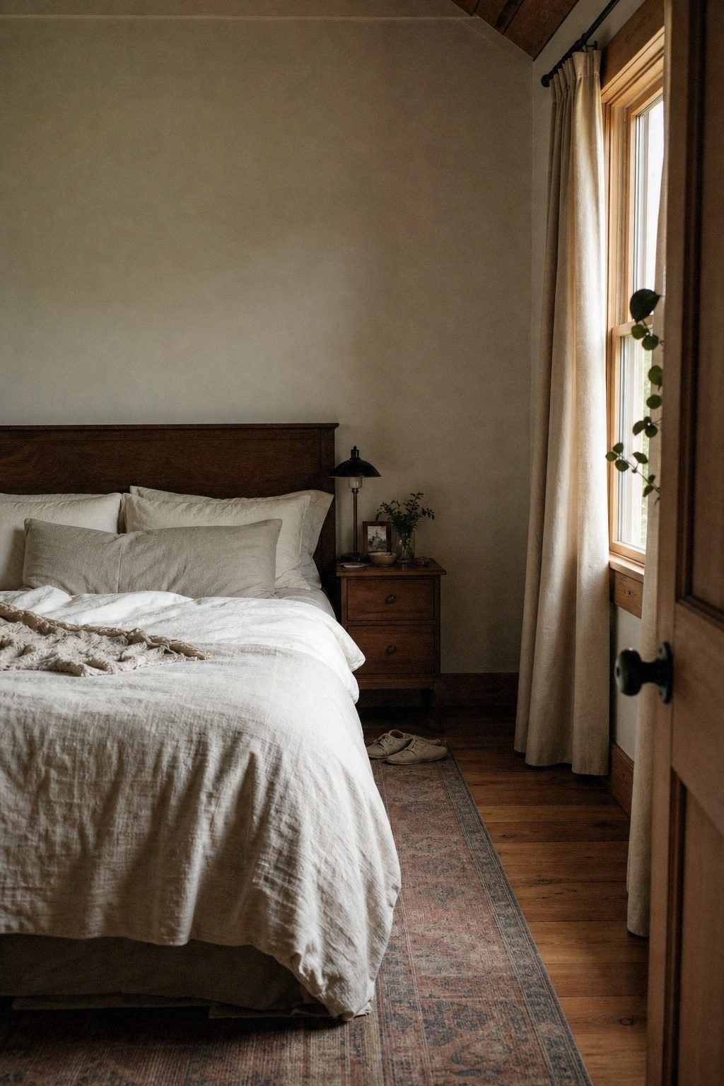 A farmhouse bedroom with real linen bedding, a wood nightstand with visible grain, and a warm bedside lamp