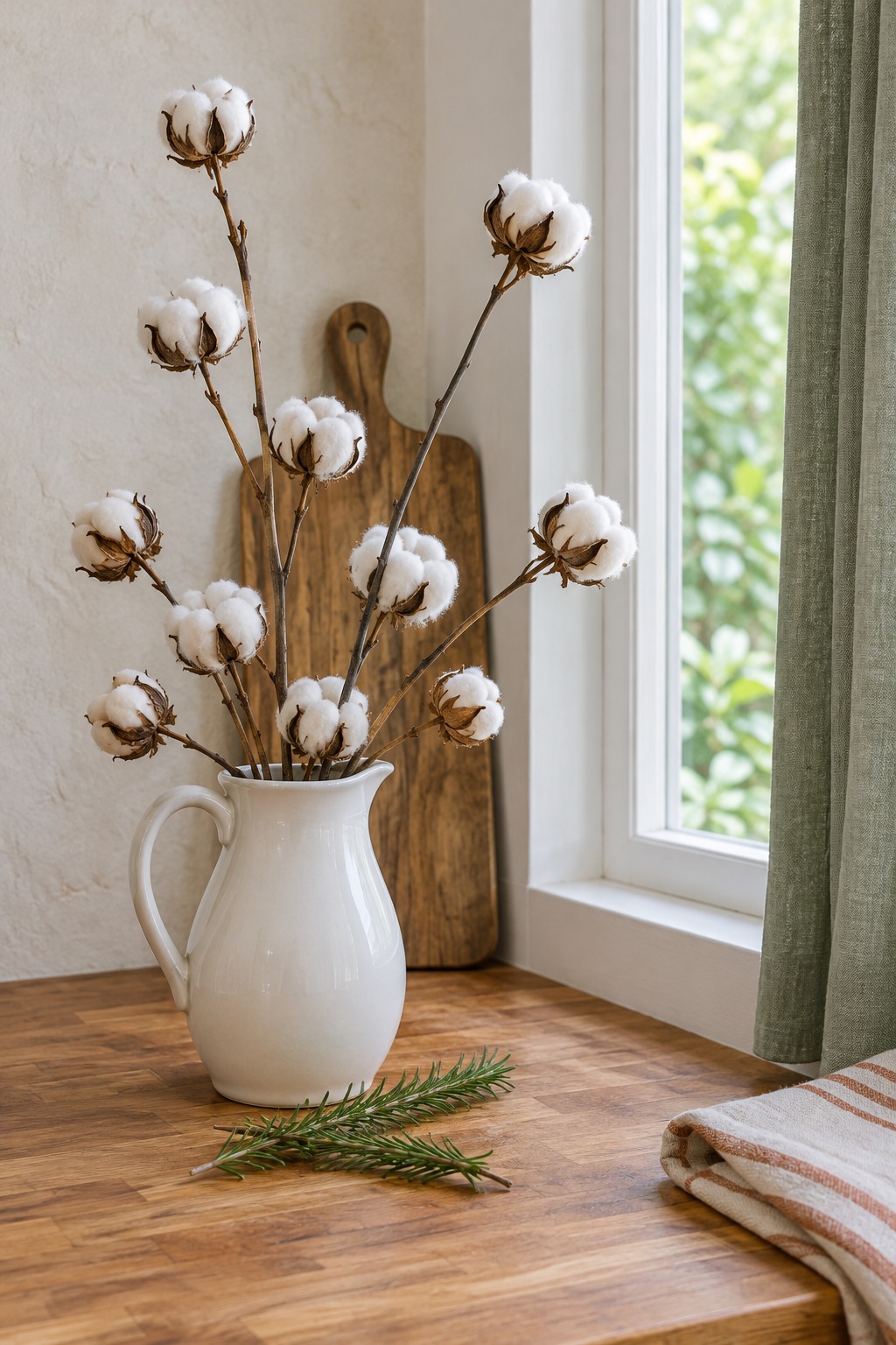 White ceramic pitcher holding eight dried cotton stems at different heights on a kitchen counter beside a window, with two sprigs of rosemary lying next to it and a wooden cutting board behind