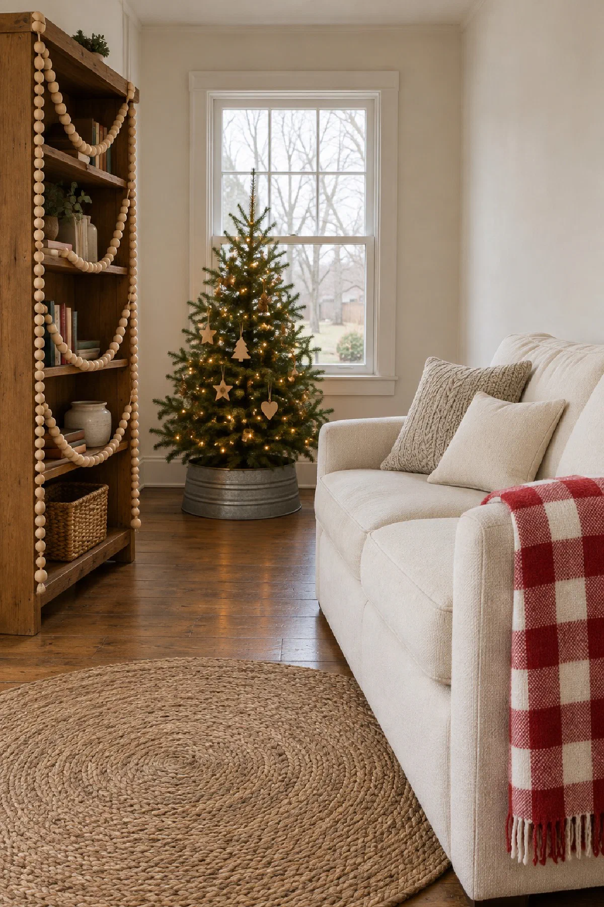 Small living room at Christmas with a red and white buffalo check throw folded over the arm of a cream sofa, a wood bead garland across a bookshelf, and a short tree in a galvanized collar by the window