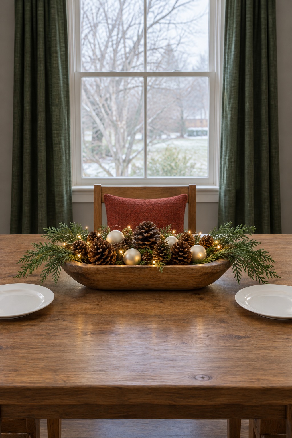 Long shallow oak dough bowl on a plain wooden dining table filled with pinecones, cream ornaments, cedar sprigs and a string of warm white fairy lights, with white plates and a window behind