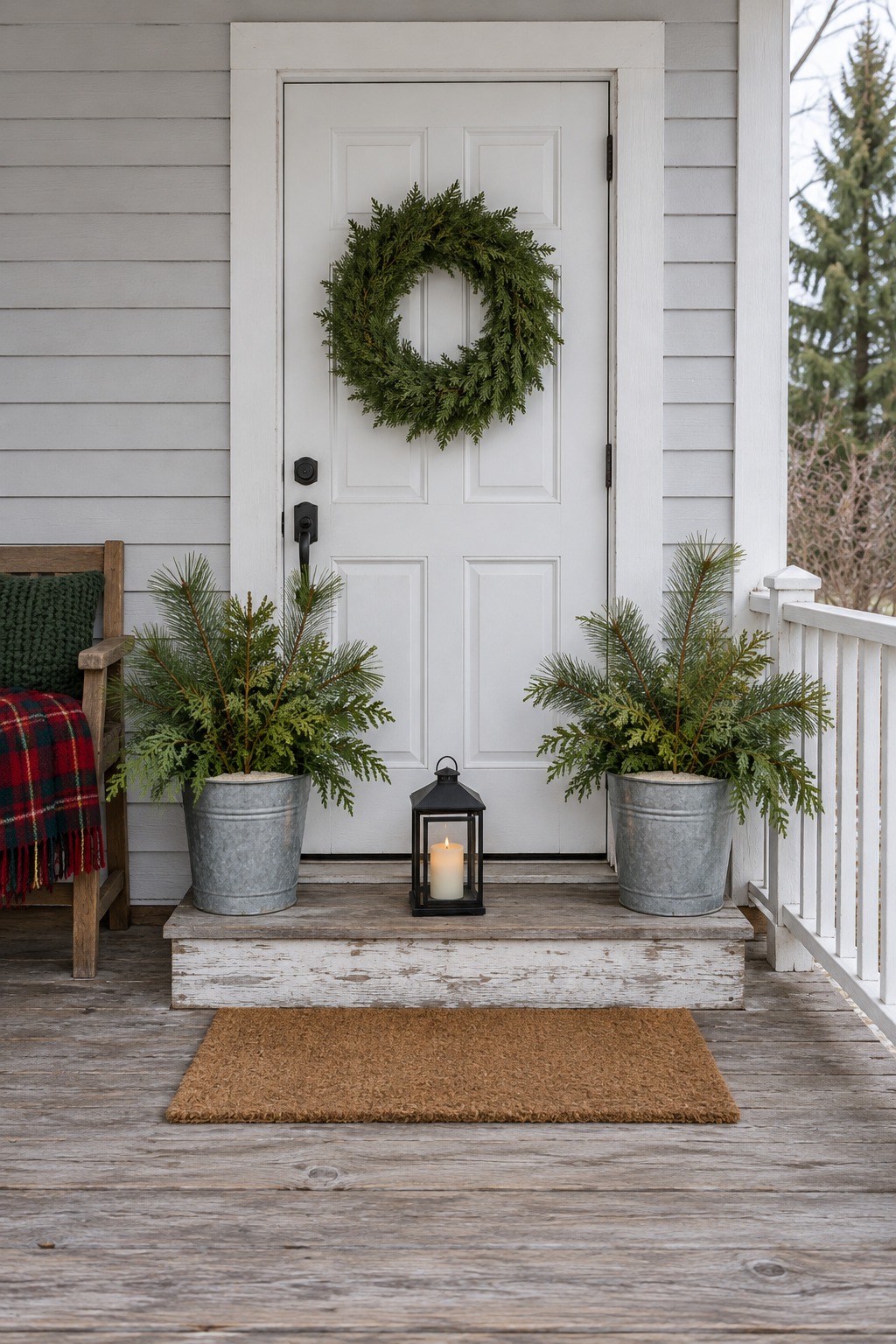 Two galvanized metal buckets on either side of a white front door on a small porch, each filled with cut pine and cedar branches, a black lantern with a battery candle on the step and a plain evergreen wreath on the door