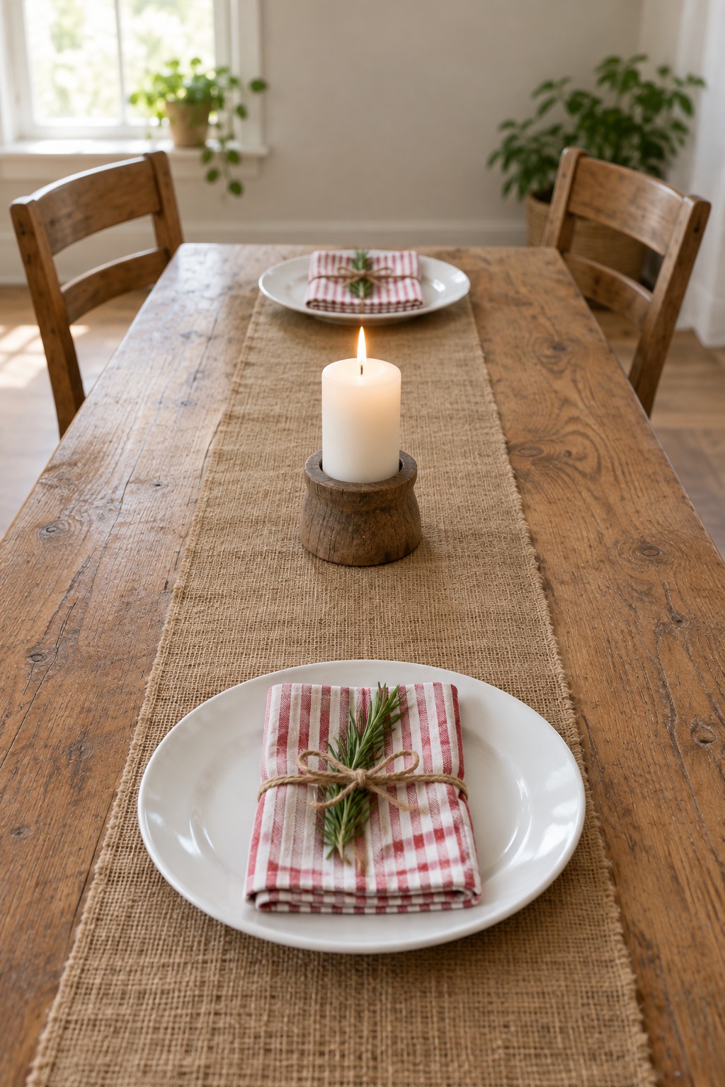 Bare wooden dining table set for two with white plates, red and white striped cotton napkins tied with jute twine and a rosemary sprig, a burlap runner down the middle and a lit white pillar candle in a wooden holder