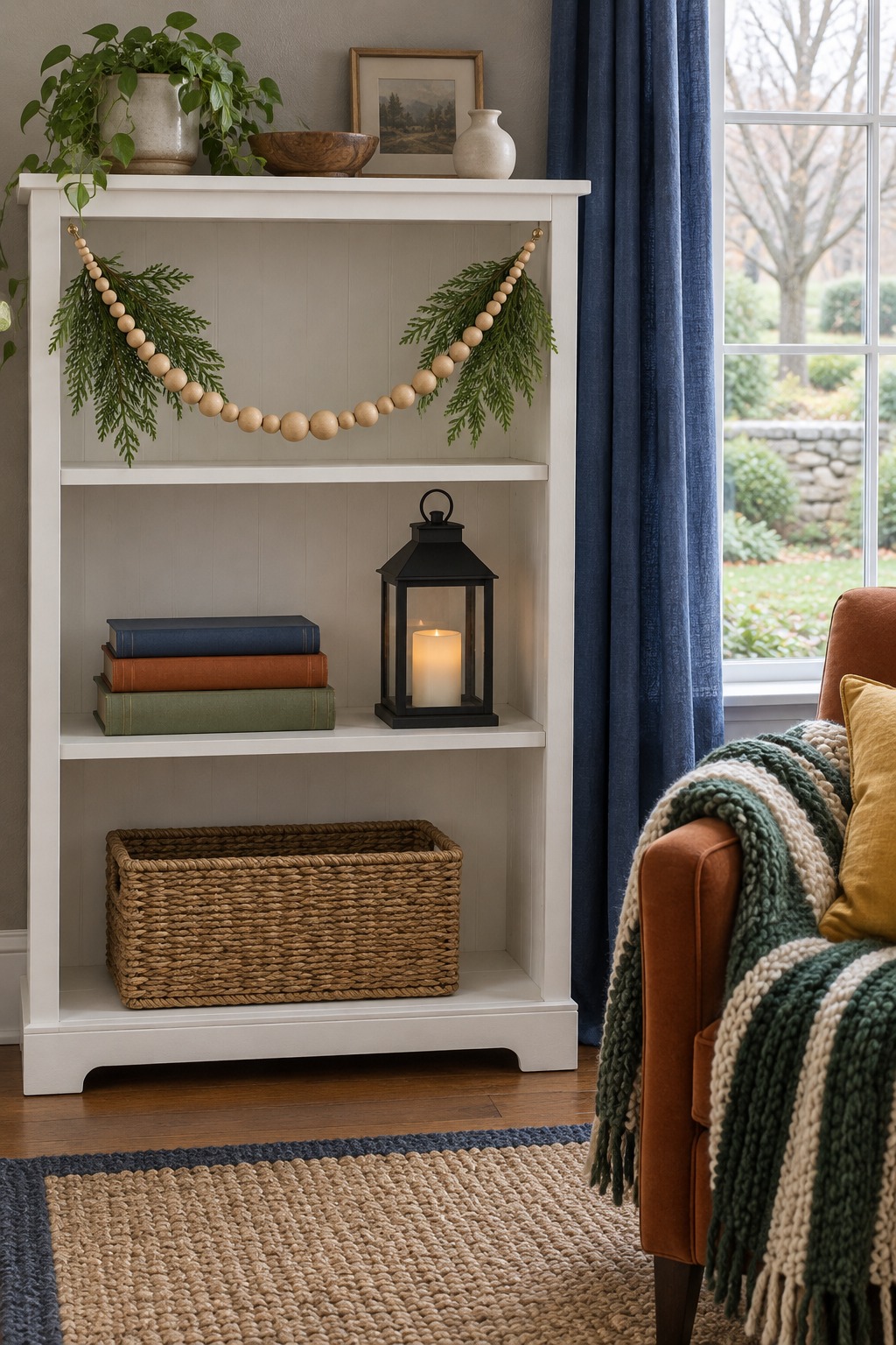 Natural wood bead garland hanging in two loose swags across the front of a white painted bookshelf, with a few cedar sprigs tucked in and a stack of books and a lantern on the shelf beneath