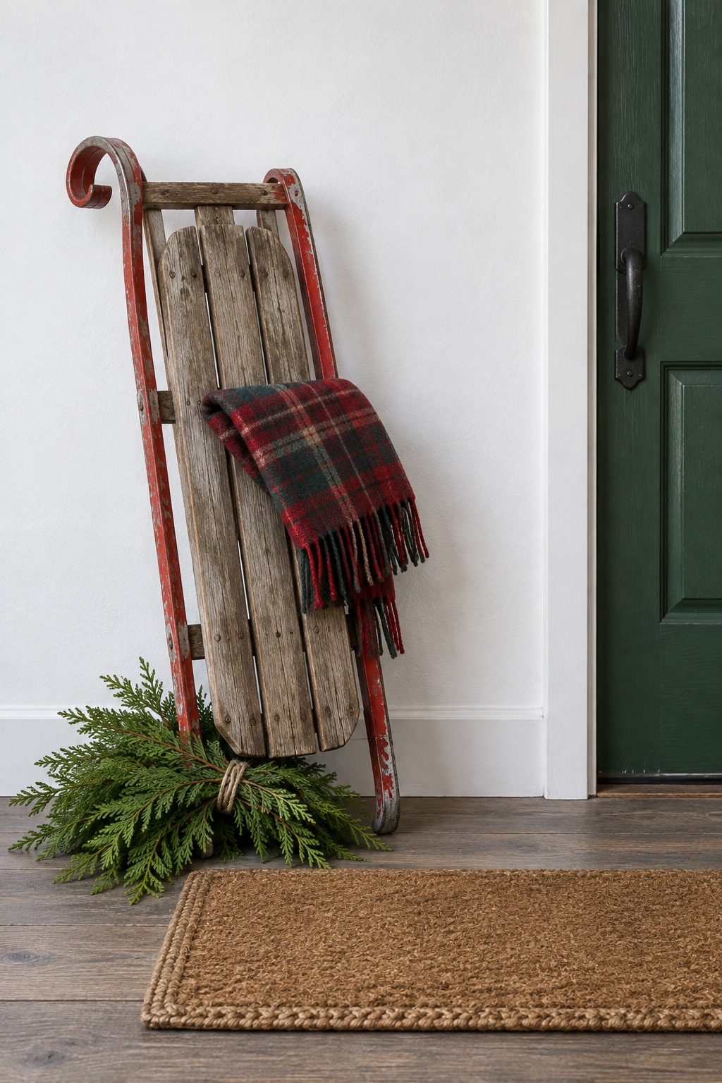 Old wooden sled with red runners leaning against the white wall of a small entry beside a front door, a folded plaid wool scarf across the slats and a bundle of cedar branches under the front