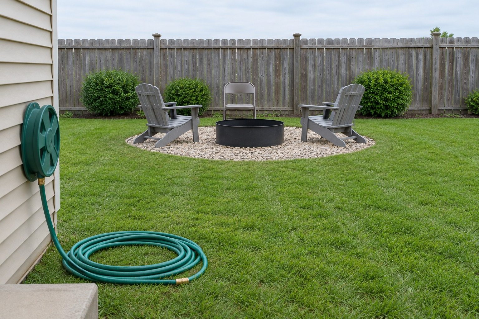 Backyard seen from the back step of a house, with a mowed lawn between the house wall and a gravel pad holding a steel fire ring and three chairs near the back fence