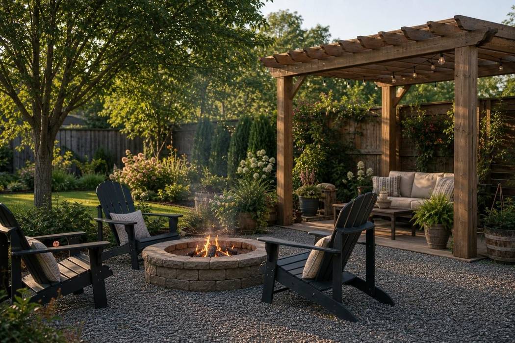 Backyard fire pit set off the corner of a pergola with chairs between the two zones