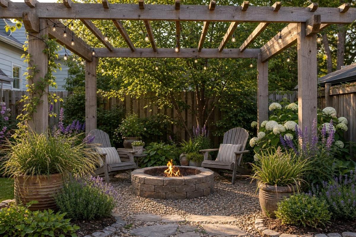 Gravel fire pit floor meeting a paver pad under a simple wood pergola with edging between them