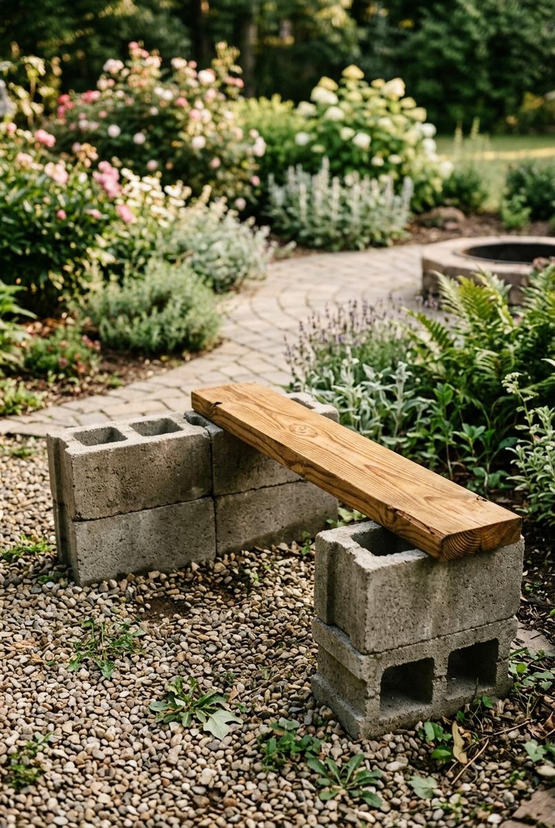Block and timber bench concept beside a garden area