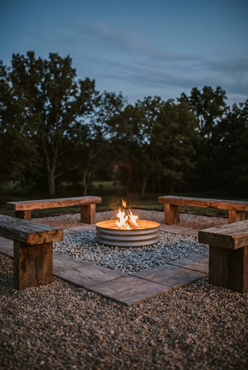 Outdoor seating around a fire pit on a finished ground surface