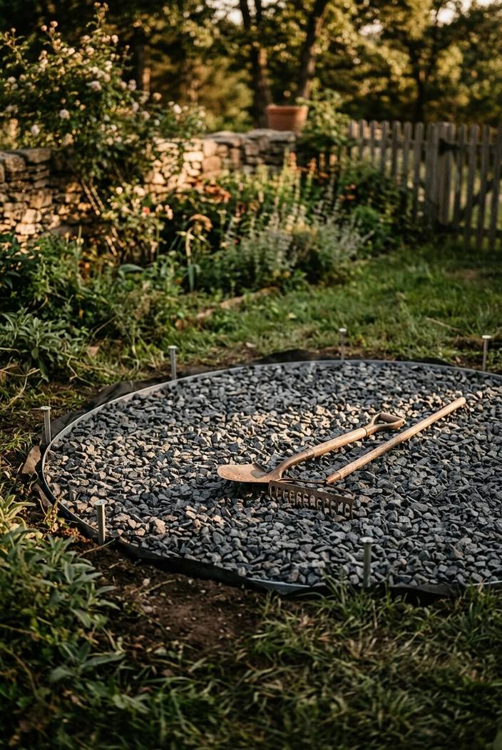Angular aggregate surface beneath outdoor chairs