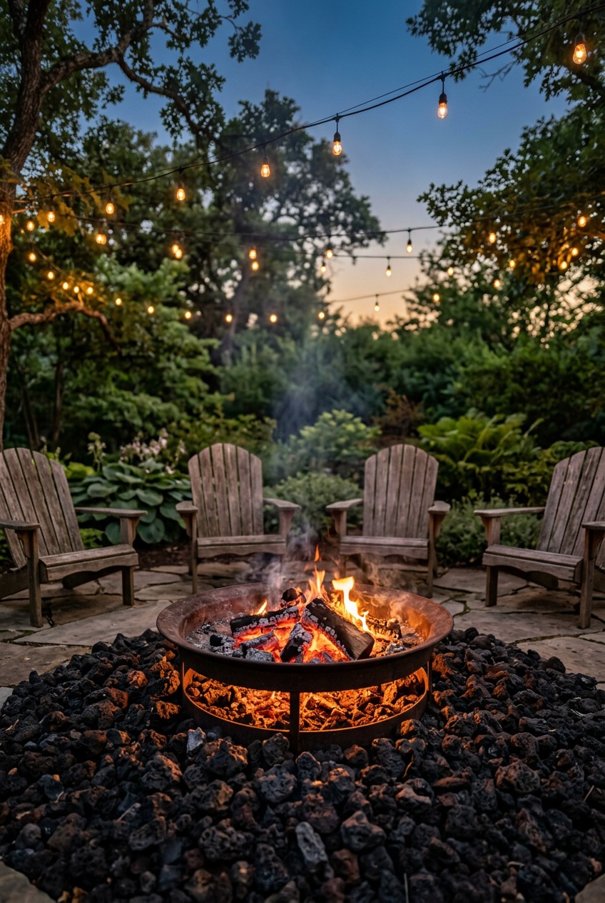 Stone ground surface around a fire pit and outdoor seating