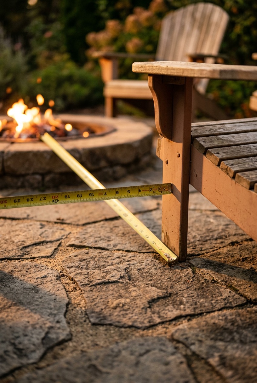 Overhead view of circular fire pit seating area with measurement annotations showing spacing and chair placement