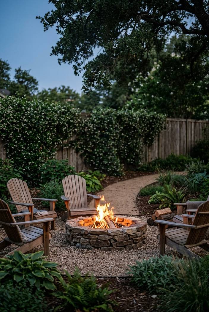 Side view of a fire pit sited clear of overhanging tree branches in an open backyard
