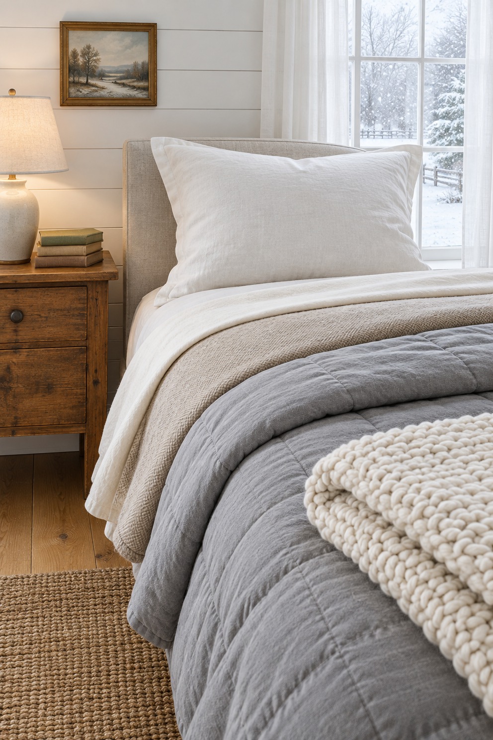 Corner of a made bed with the layers turned back in steps: a cream sheet, an oatmeal blanket and a quilted gray comforter, with a chunky knit throw on top and a lit bedside lamp