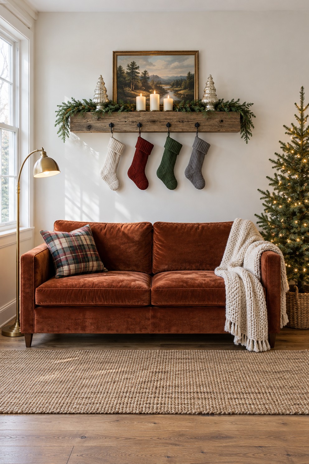 A thick reclaimed oak floating shelf with four stockings hanging from black hooks beneath it, dressed with cedar garland and candles, above a rust velvet sofa beside a lit tree