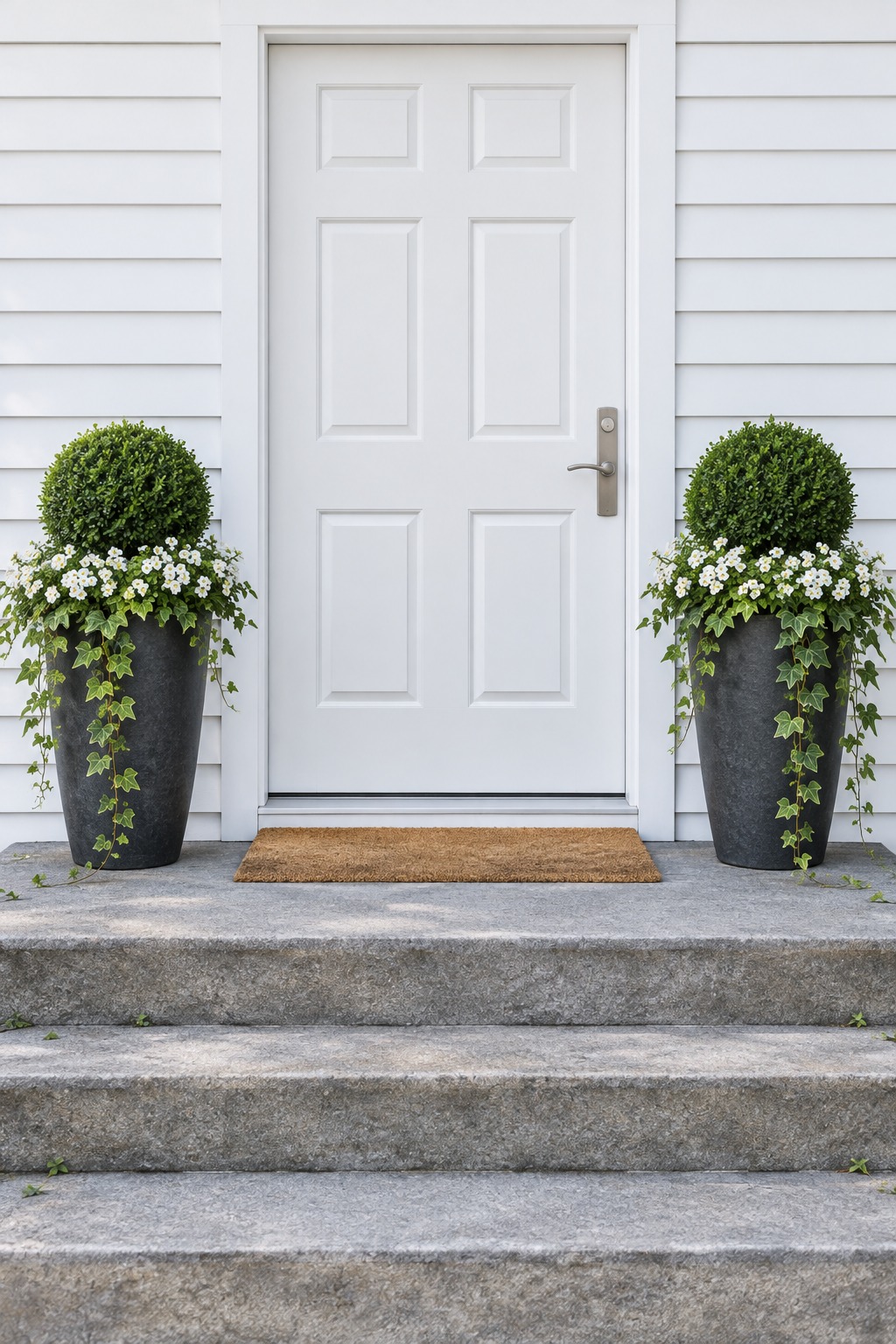 Pair of charcoal pots with boxwood, white bacopa and ivy flanking a white front door