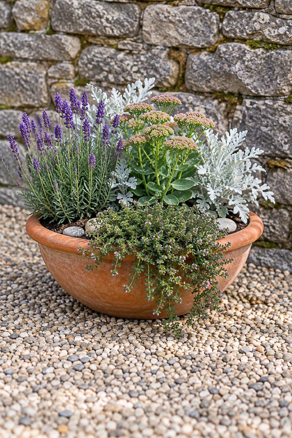 Wide terracotta bowl of lavender, sedum, thyme and dusty miller on a sunny gravel patio
