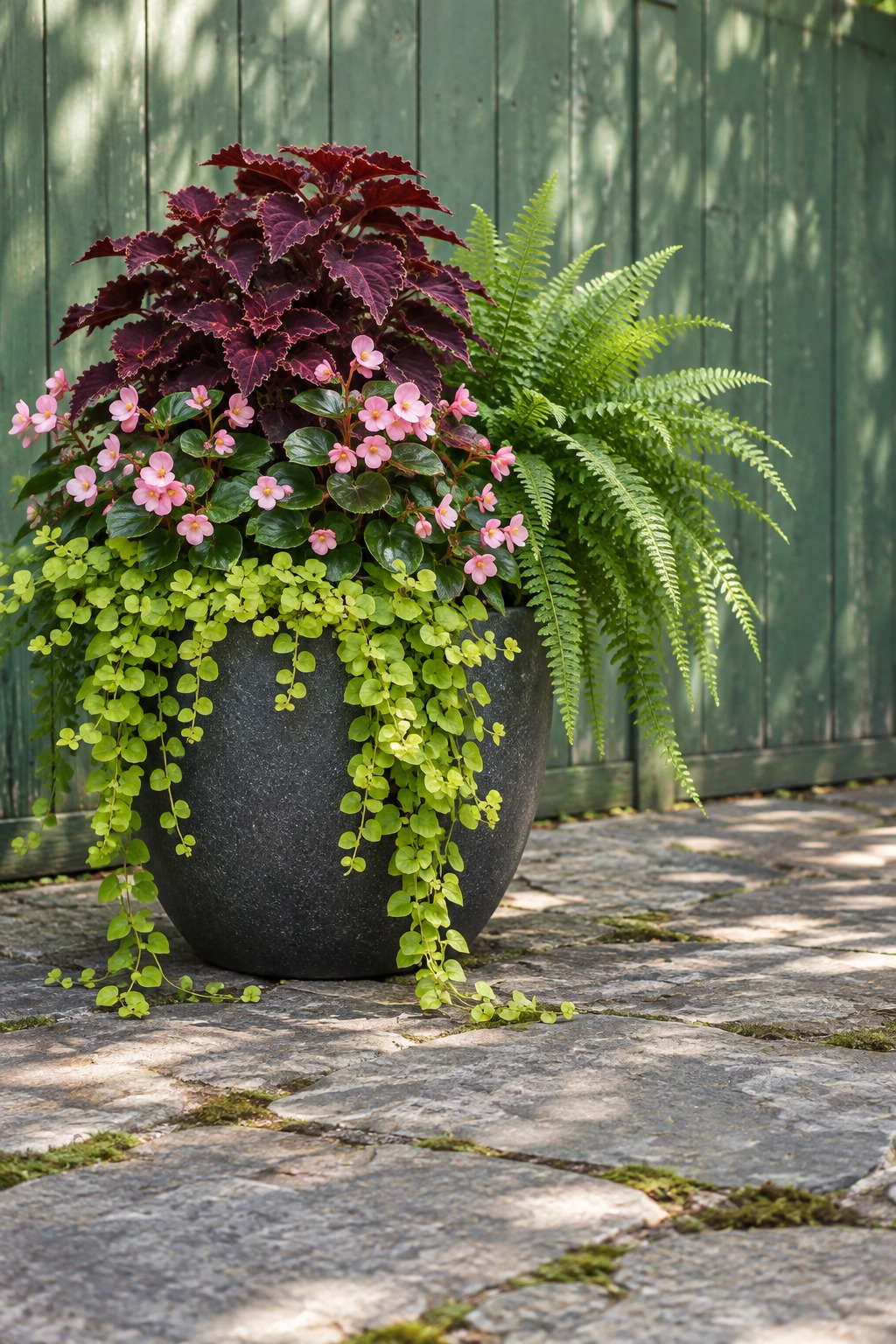 Charcoal pot of coleus, begonias, fern and creeping Jenny in dappled shade on a patio