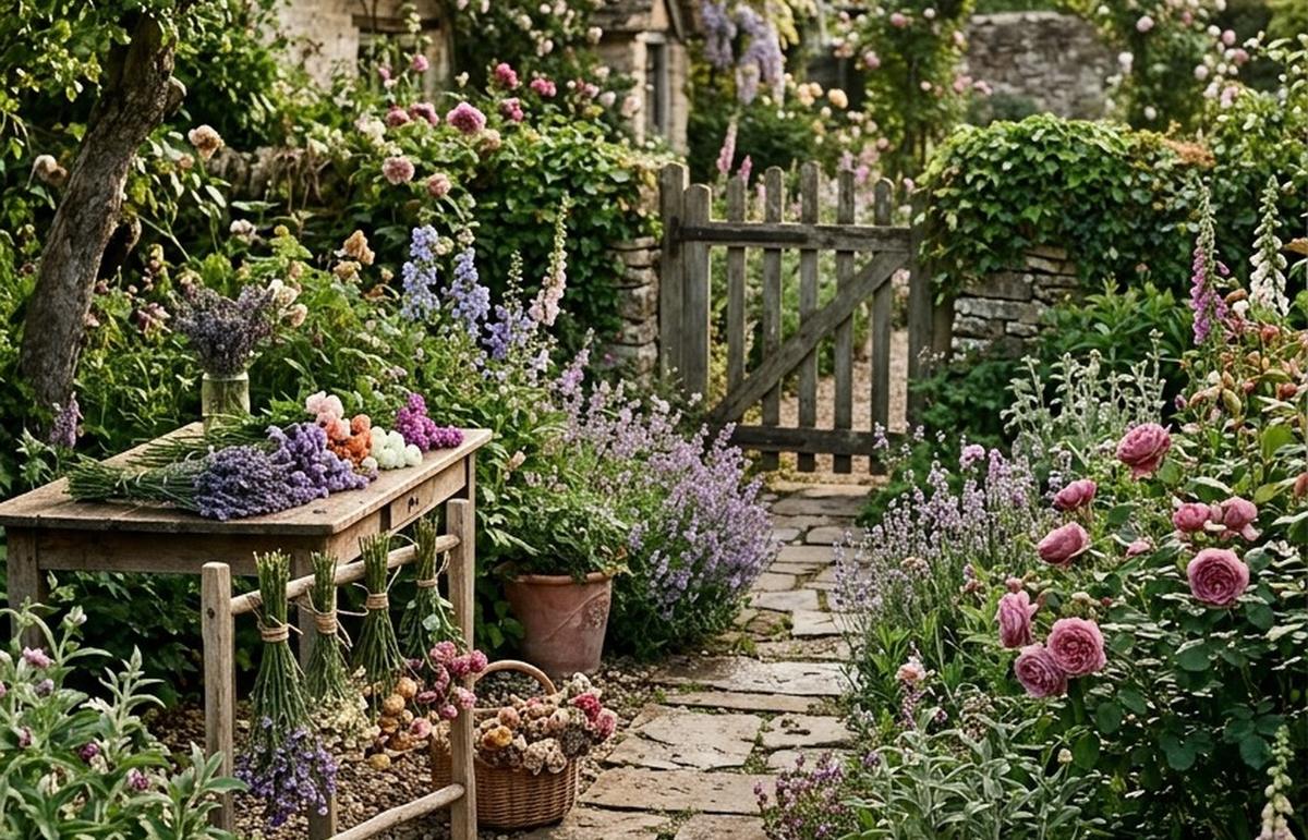 Bundles of drying flowers hanging in a warm quiet room