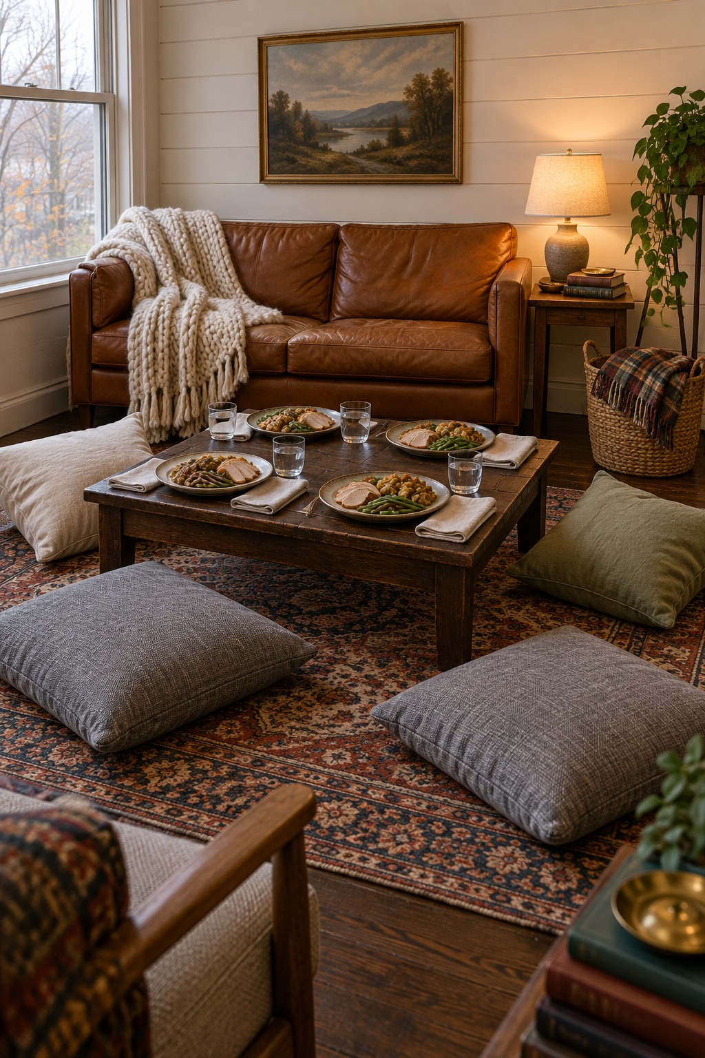 Low wooden coffee table in a small living room set with four plates of turkey, stuffing and green beans, cloth napkins and glasses, with four floor cushions around it on a patterned wool rug