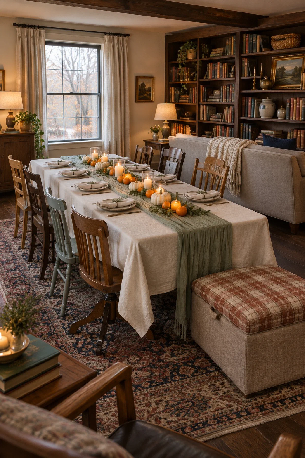 Small apartment living room set for Friendsgiving, with one long table under a cream tablecloth and a sage cheesecloth runner, mismatched chairs, a plaid ottoman bench, clementines, small white pumpkins and lit candles, and the sofa turned against the bookshelves