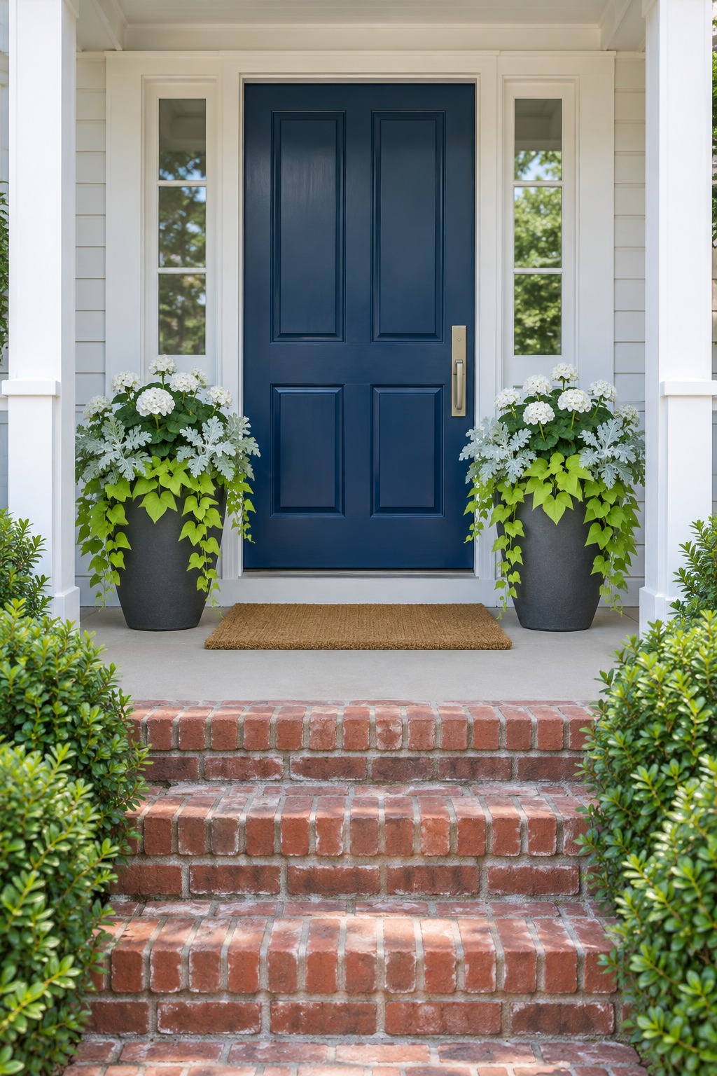 Matching charcoal pots with white geraniums, dusty miller and trailing vine on both sides of a navy front door