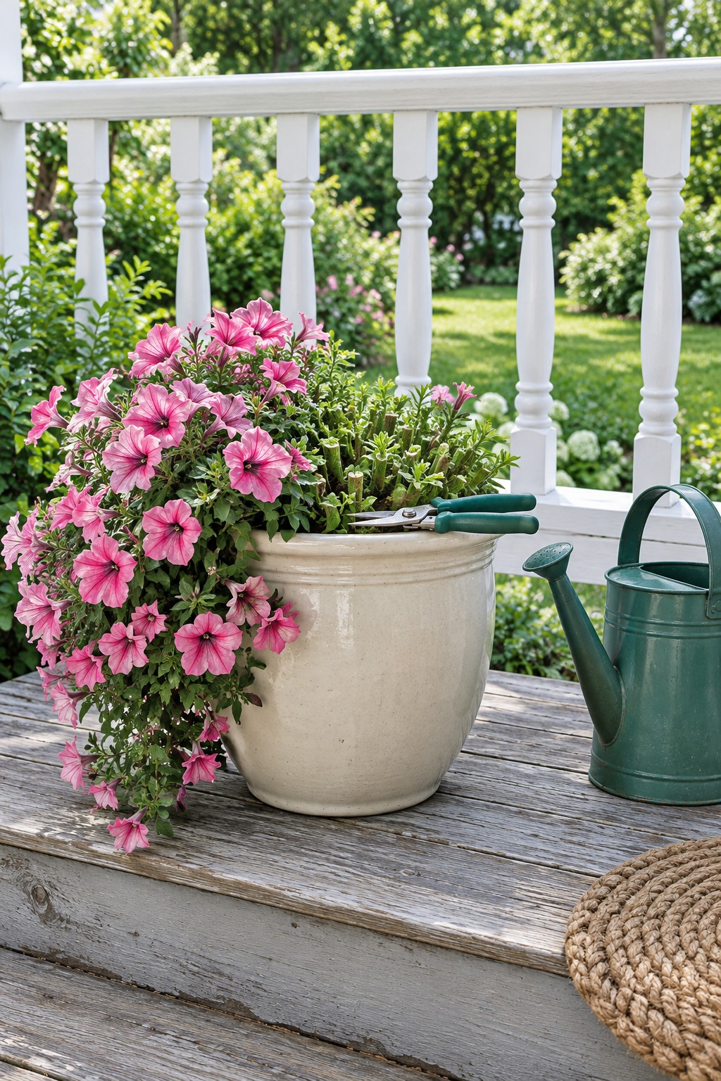 Pink petunias in a cream porch pot, half cut back, with snips and a watering can