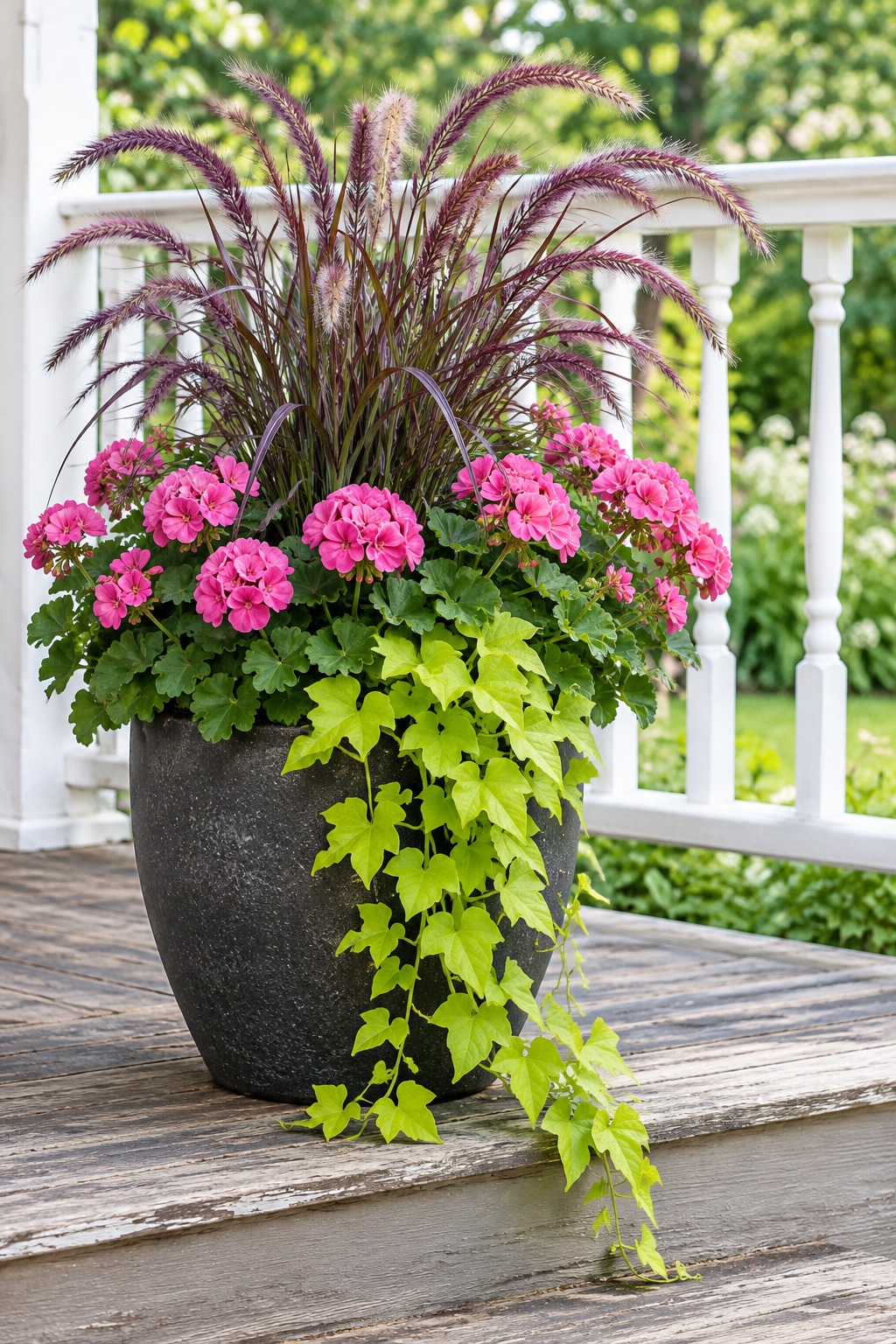 Charcoal porch pot with purple fountain grass, pink geraniums and trailing sweet potato vine