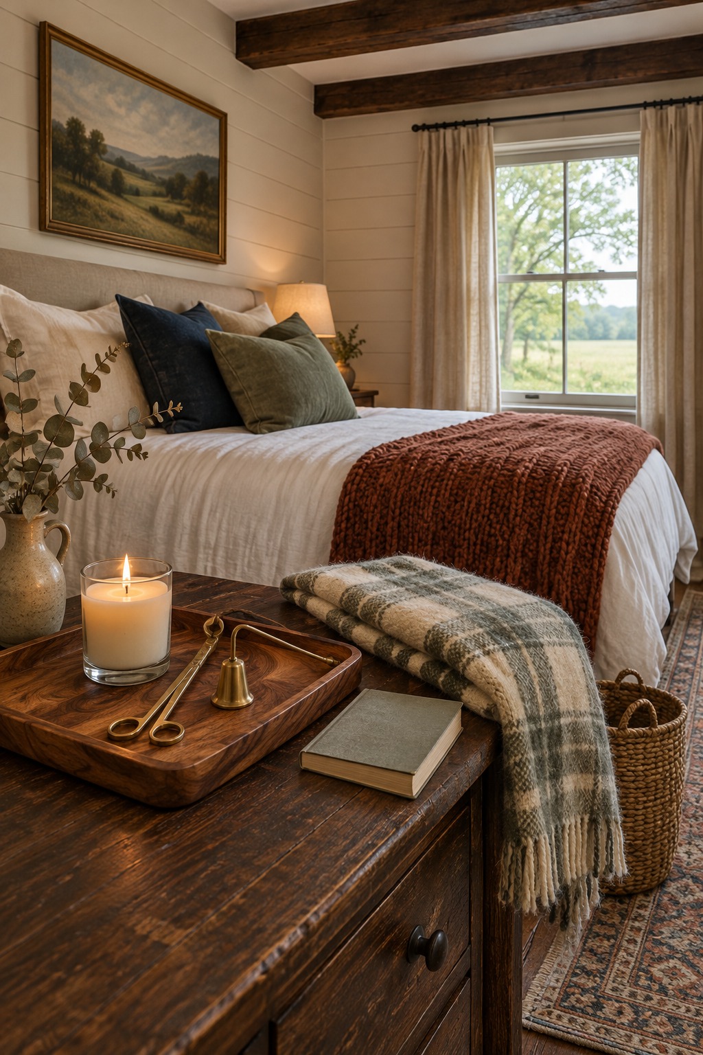 Acacia wood tray on a bedside table with a lit vanilla candle in a glass jar, a wick trimmer and snuffer set, a folded throw and a paperback in a softly lit farmhouse bedroom