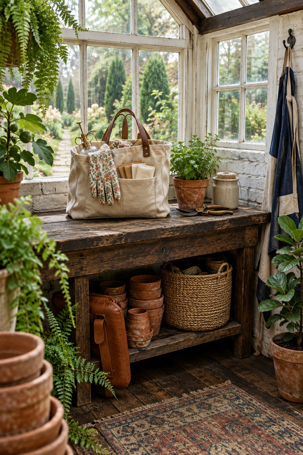 Canvas garden tote on a potting bench holding floral gardening gloves, a glass plant mister, seed packets and a small terracotta pot of herbs in a greenhouse corner