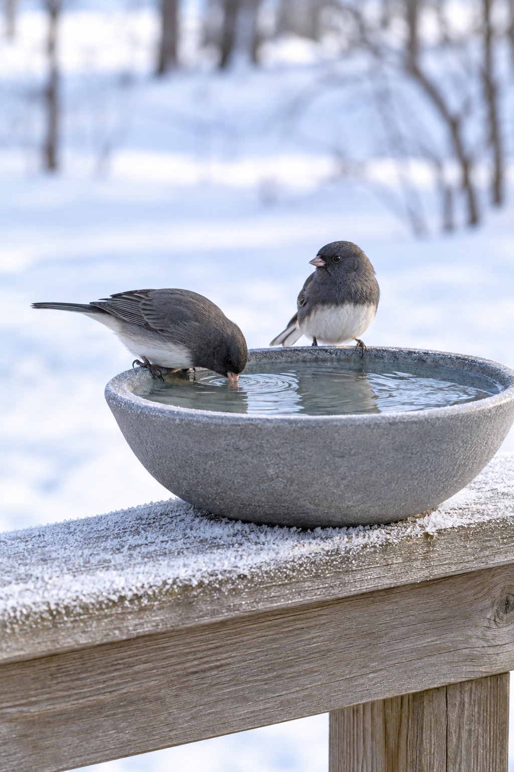 Shallow gray heated bird bath bowl on a wooden deck rail on a frosty winter morning with open water in the bowl and two juncos at the edge