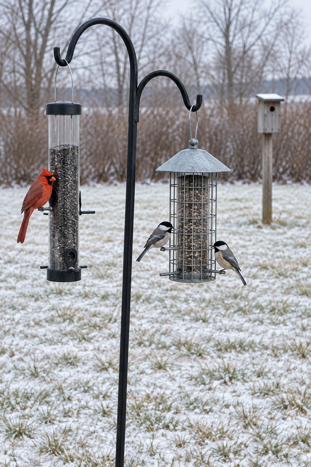 Black tube feeder and a gray squirrel-proof feeder hanging from a black shepherd's hook on a lawn dusted with snow, with a red cardinal and two chickadees and a wooden bluebird box on a post behind