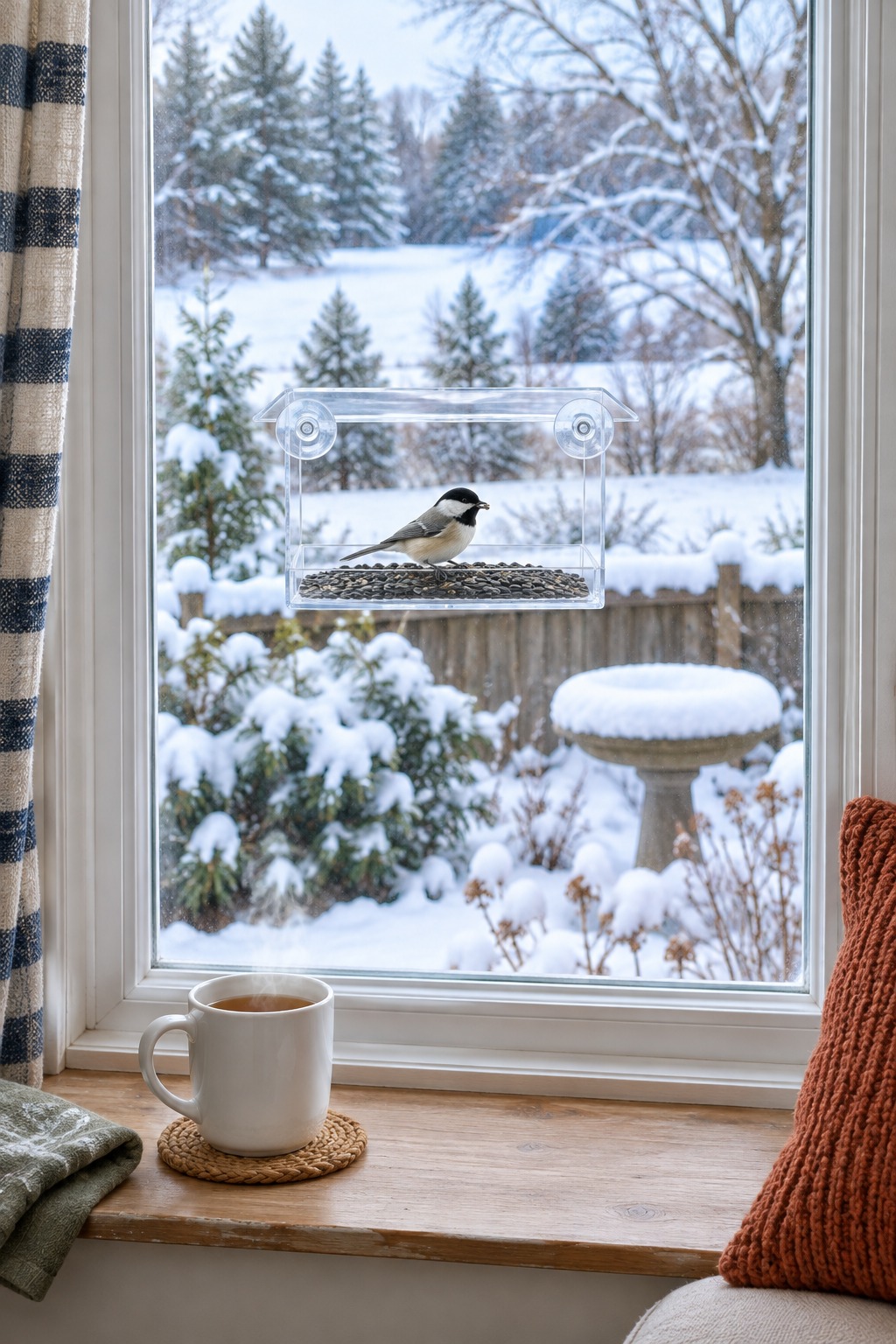 Clear acrylic window bird feeder stuck to the outside of a kitchen window with a chickadee on the tray, seen from inside the kitchen with a white mug on the sill