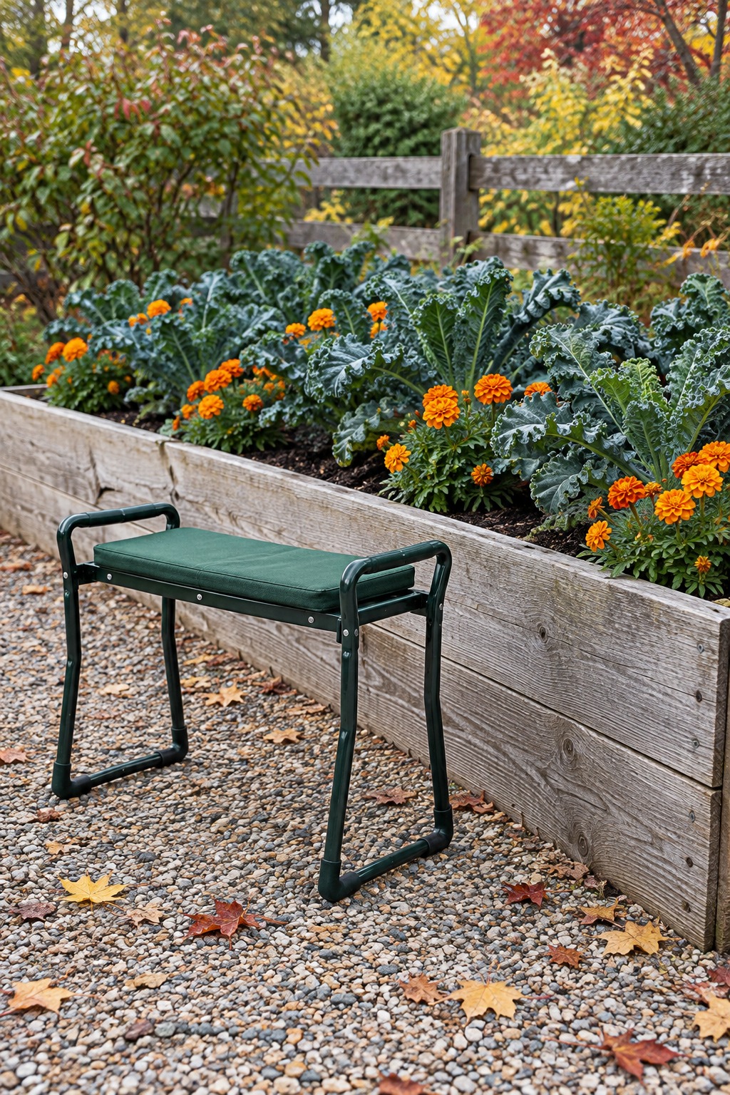 Folding garden kneeler seat on a gravel path beside a wooden raised bed of kale and late marigolds on a clear fall morning