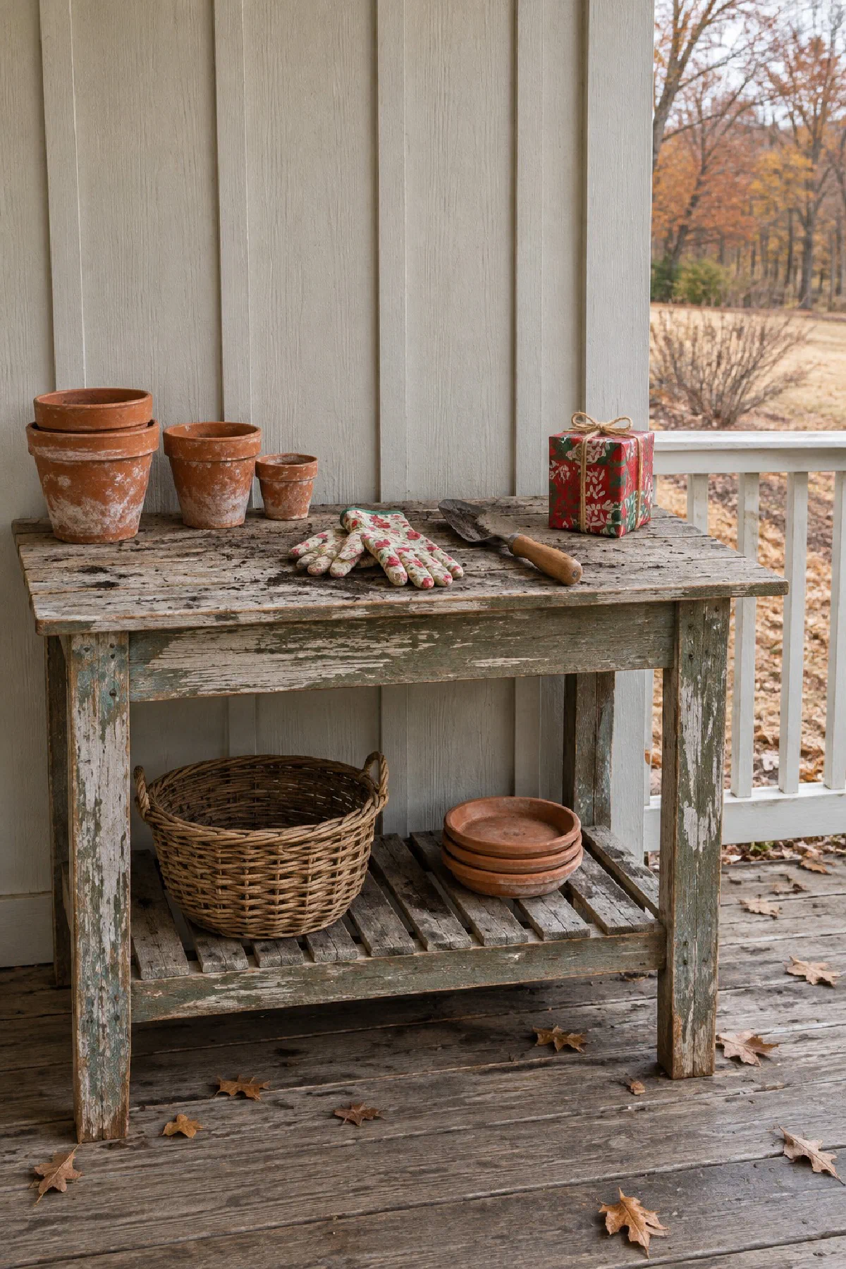 Wooden potting bench on a farmhouse back porch with terracotta pots, a pair of gloves, a trowel and a small gift wrapped in kraft paper and twine