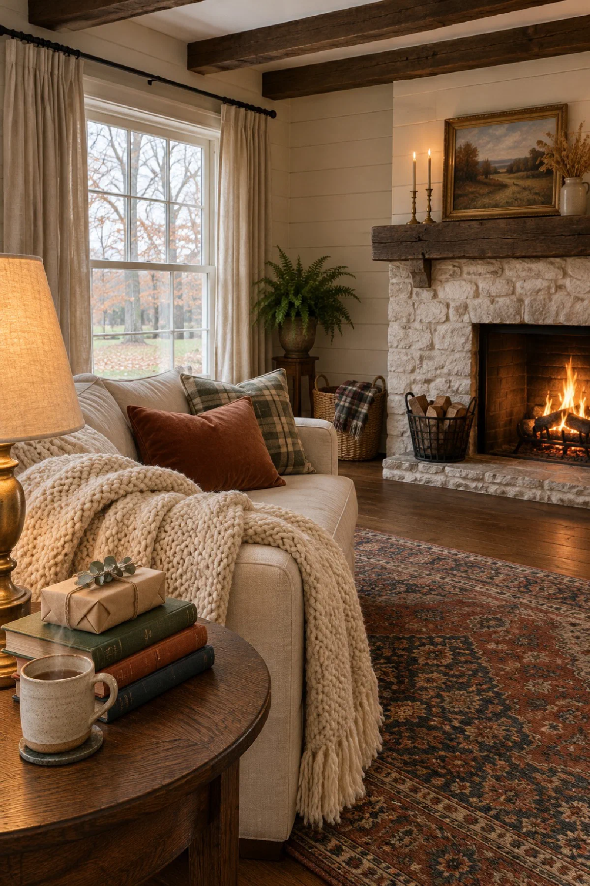 Farmhouse living room in late fall with a cream sofa, a knit throw, a mug of tea and a lit lamp on the side table, a small wrapped gift beside a stack of books and a fire in the stone fireplace