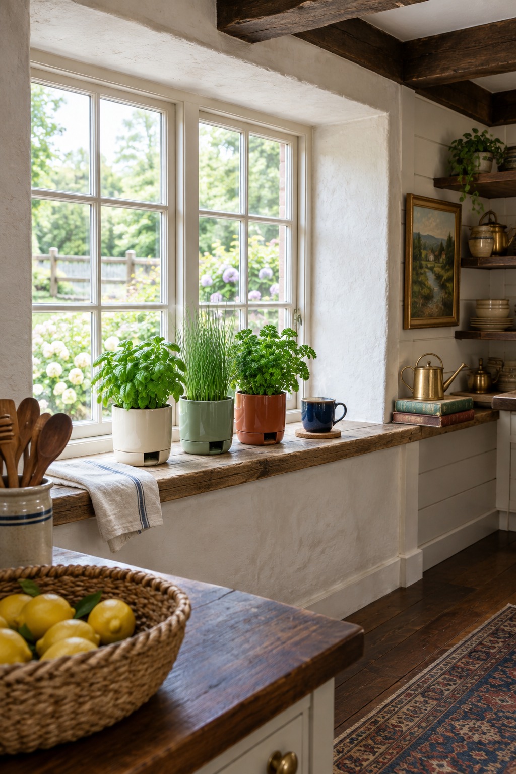 Three self-watering herb planters with basil, chives and parsley on a bright farmhouse kitchen windowsill beside a ceramic tea mug and a folded linen towel
