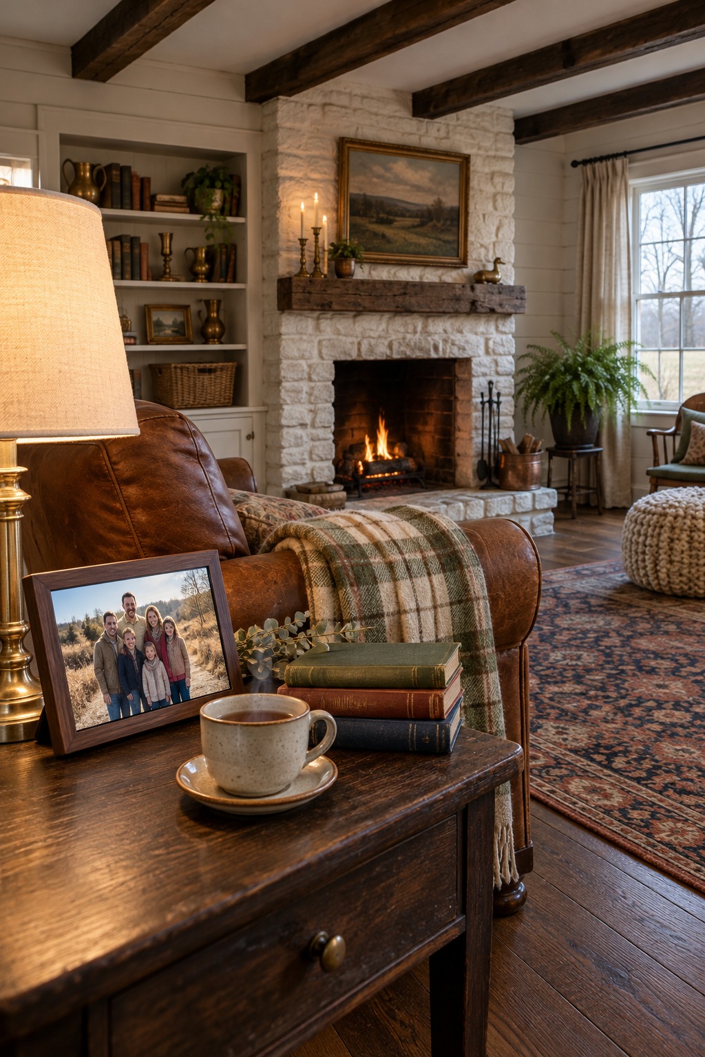 Digital photo frame showing a family photo on a wooden side table beside a lit lamp, a cup of tea and a small stack of books in a farmhouse living room