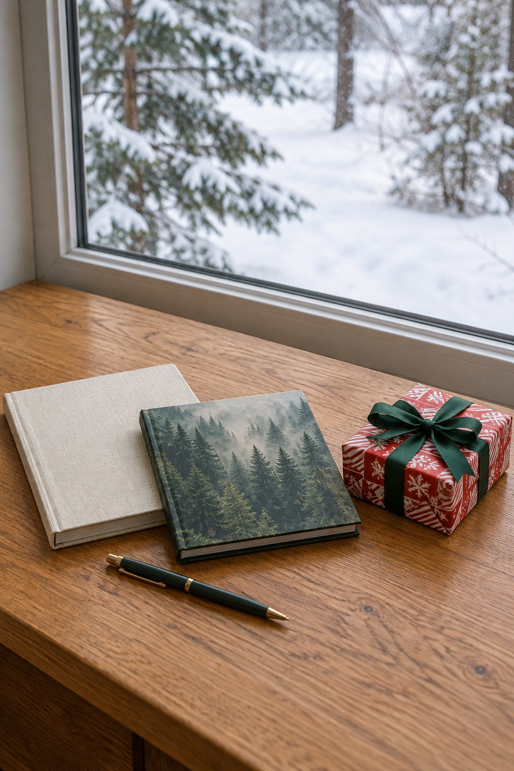 Oak desk in bright winter daylight with a closed linen-bound journal, a small spiral-bound photo album, a pen and a small gift wrapped in red and white Christmas paper, with a snowy yard in the window