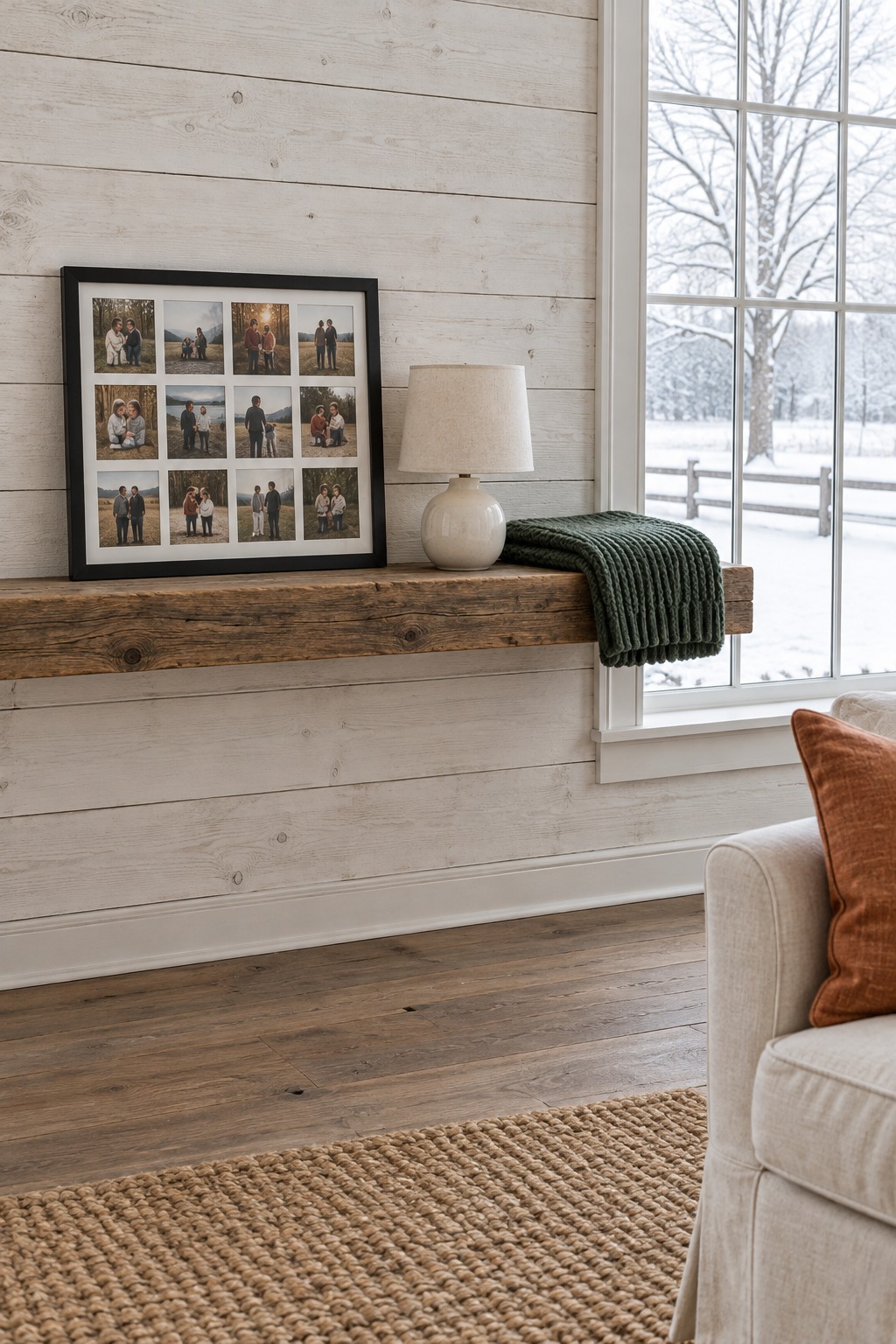 Bright farmhouse living room shelf by a window with snow outside, holding a black collage frame with twelve family photographs, a small cream lamp and a folded deep green knit throw