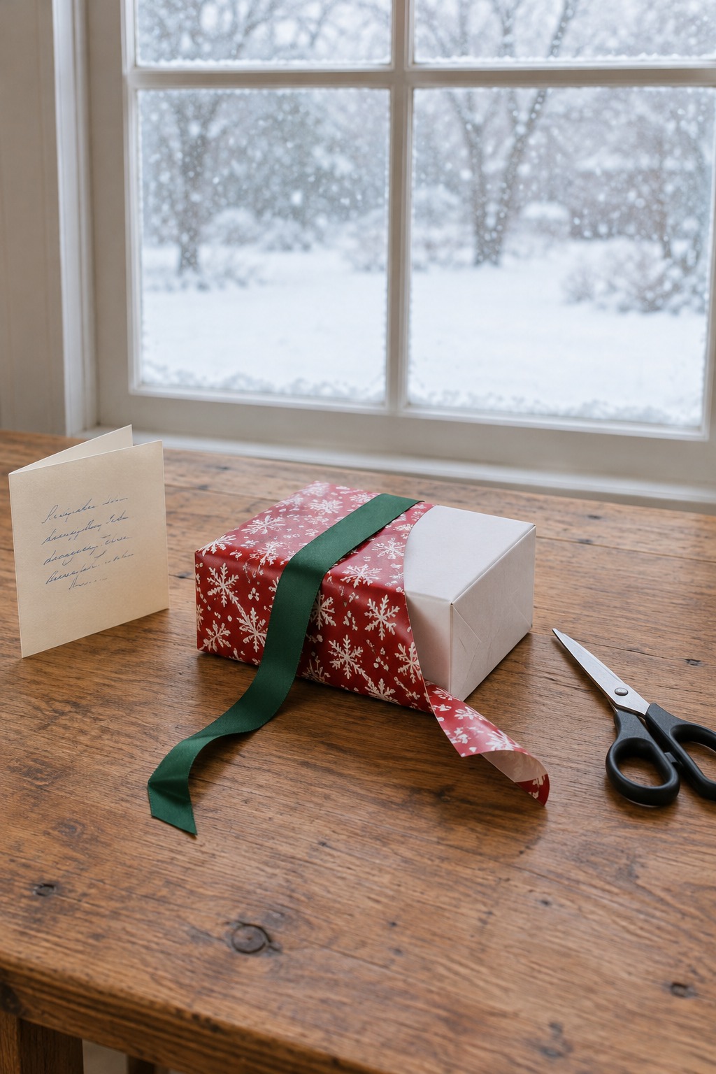 Kitchen table in bright daylight with a small gift half wrapped in red and white Christmas paper, a spool of forest green ribbon, scissors and a handwritten card, with snow outside the window