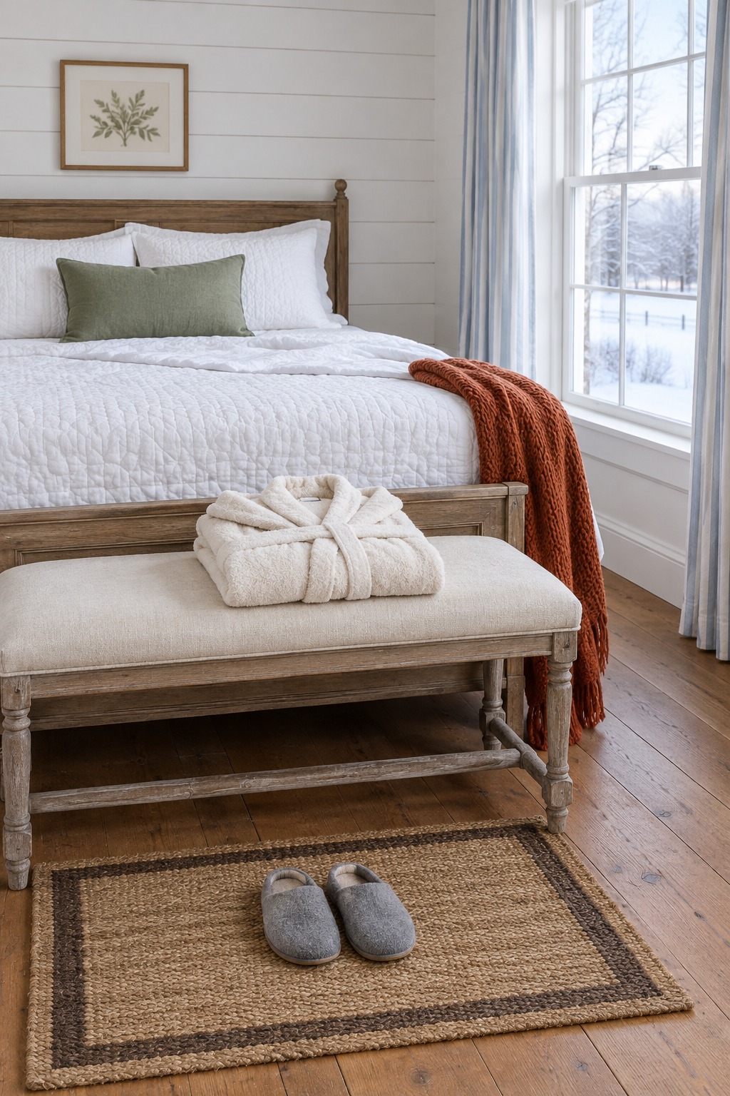 Bright farmhouse bedroom with a cream bench at the foot of a white-quilted bed, a pair of soft gray slippers on a small rag rug, a plush cream robe folded on the bench and a window showing snow