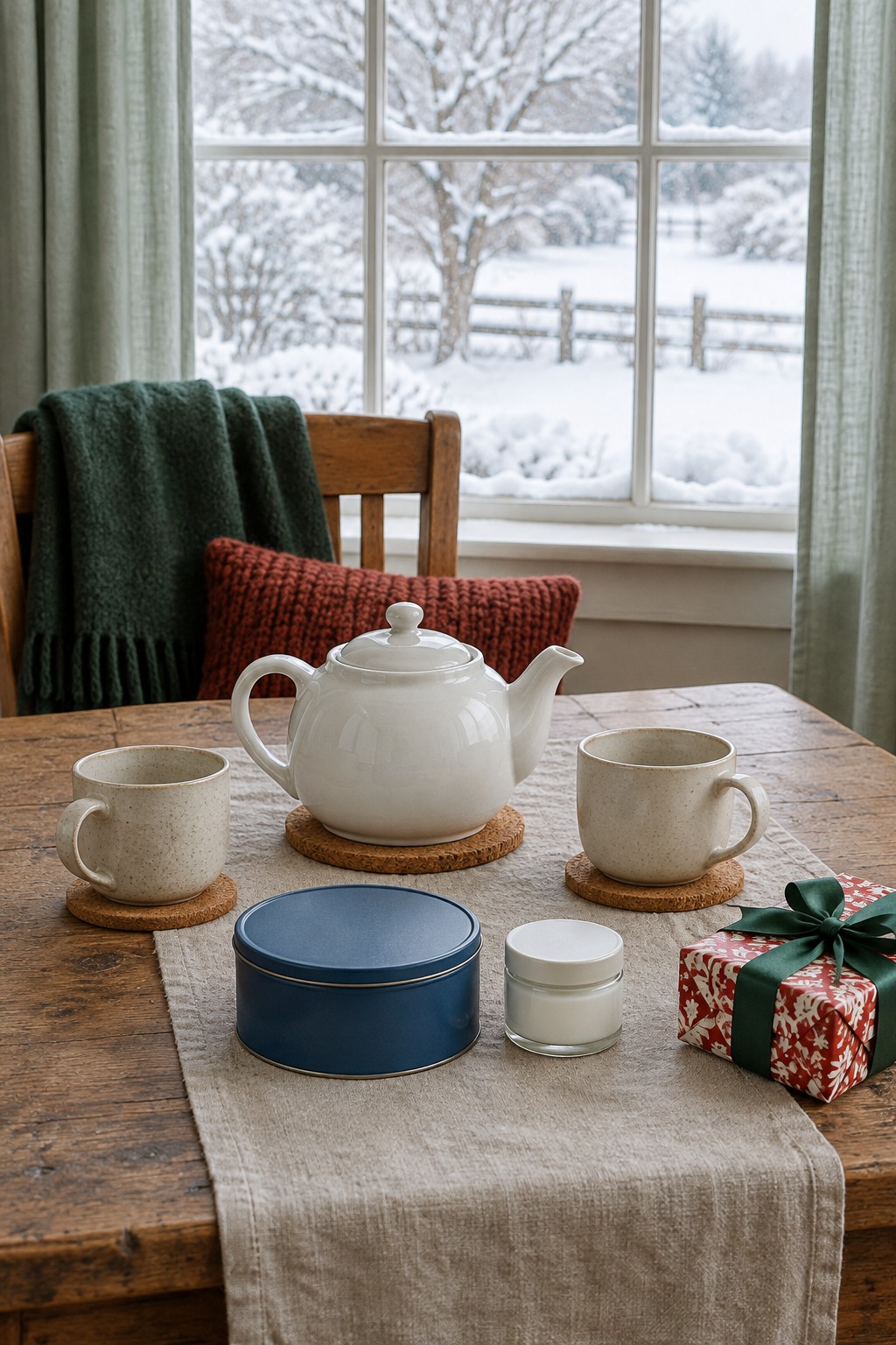 Kitchen table in bright winter daylight with a white teapot, two cream stoneware cups, a round blue tin of butter cookies, a small jar of hand cream and a small gift wrapped in red and white Christmas paper, with snow outside the window