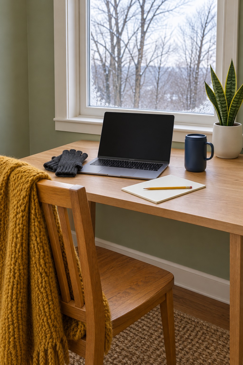 Small wood desk under a frosty winter window with charcoal fingerless gloves beside a laptop, a navy insulated mug, a notepad and pencil, a snake plant and a mustard knit throw over the chair