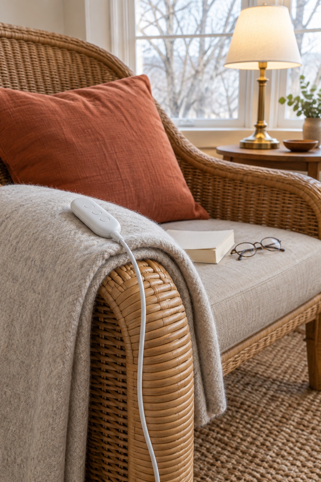 Oatmeal heated throw folded over the arm of a rattan armchair with a white handheld controller on top, a terracotta pillow, a book and reading glasses on the seat and a brass lamp lit by the window