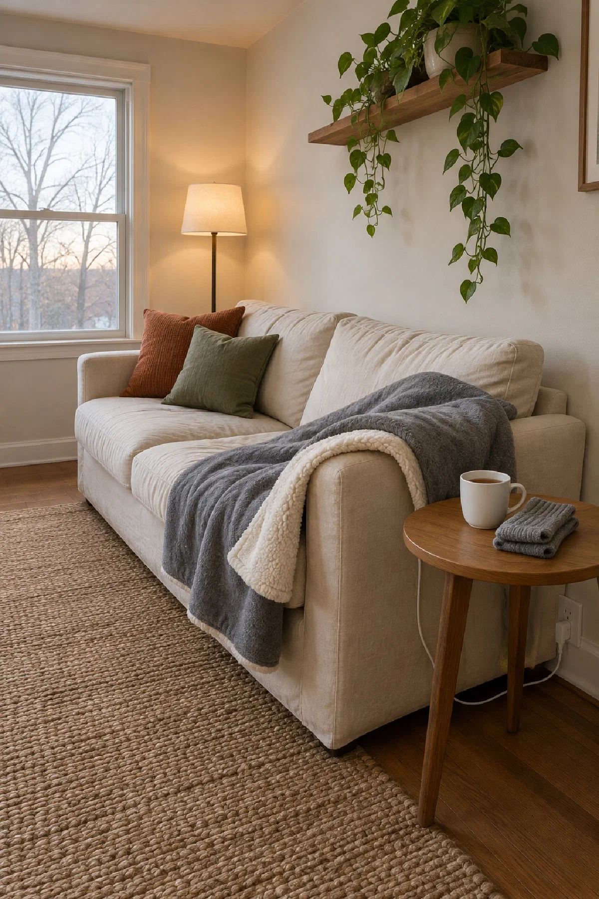 Grey heated throw with a cream sherpa underside over a cream linen sofa, its cord plugged into the wall by a wood side table with a mug of tea and folded grey wool socks, bare trees outside
