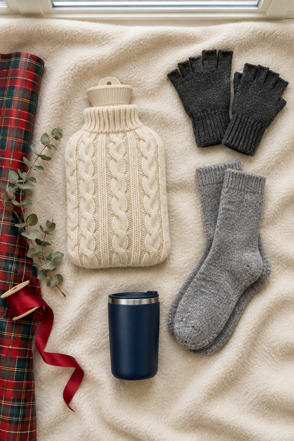 Overhead view of four no-plug gifts on a cream blanket: a hot water bottle in a cream cable-knit cover, grey wool socks, charcoal fingerless gloves and a navy insulated tumbler, beside red and green plaid wrapping paper and red ribbon
