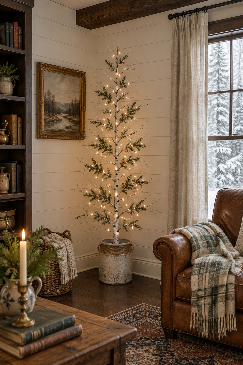 A slim lit birch-style tree with sparse warm white lights in a living room corner beside a window