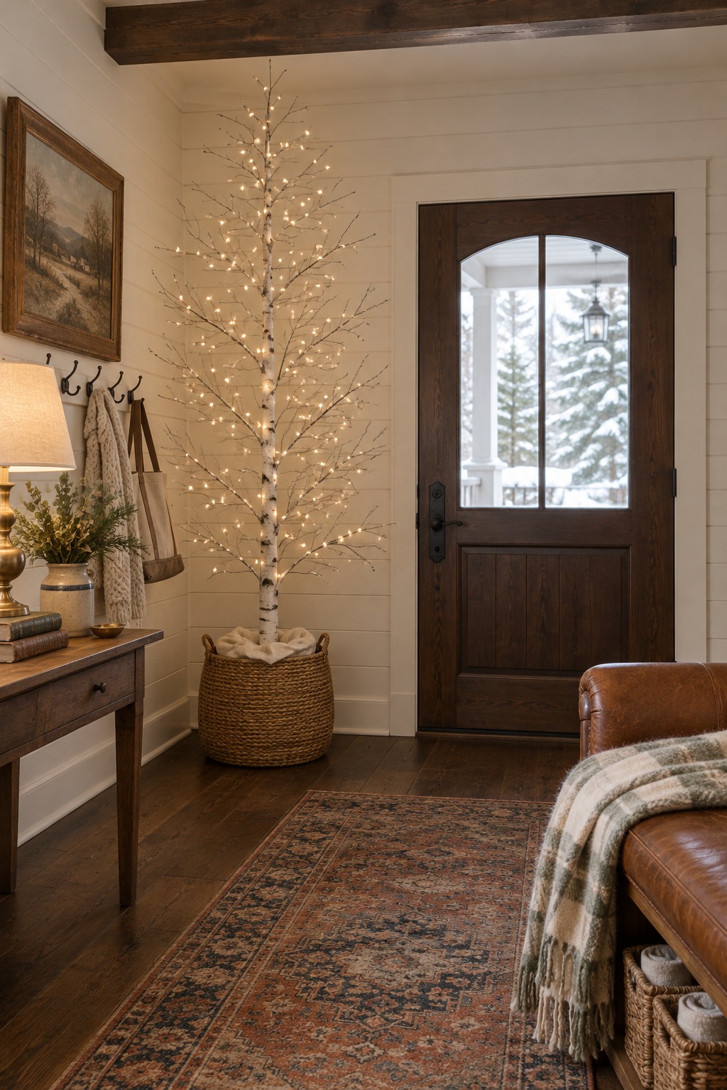 A six-foot lit birch-style tree in a basket beside the front door of a home