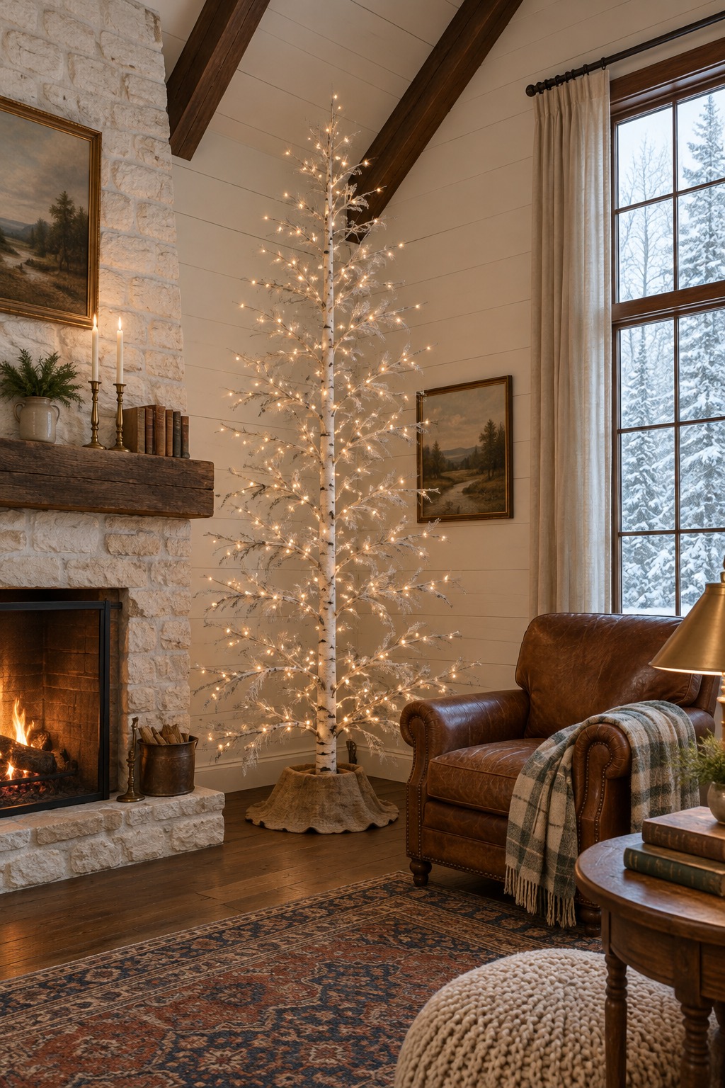 A tall lit birch-style tree with airy branches under a high ceiling beside a stone fireplace